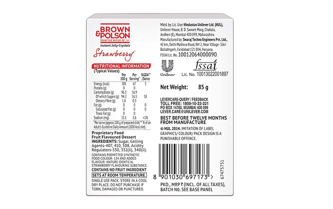 Brown & Polson Instant Jelly Crytals Strawberry   Box  85 grams